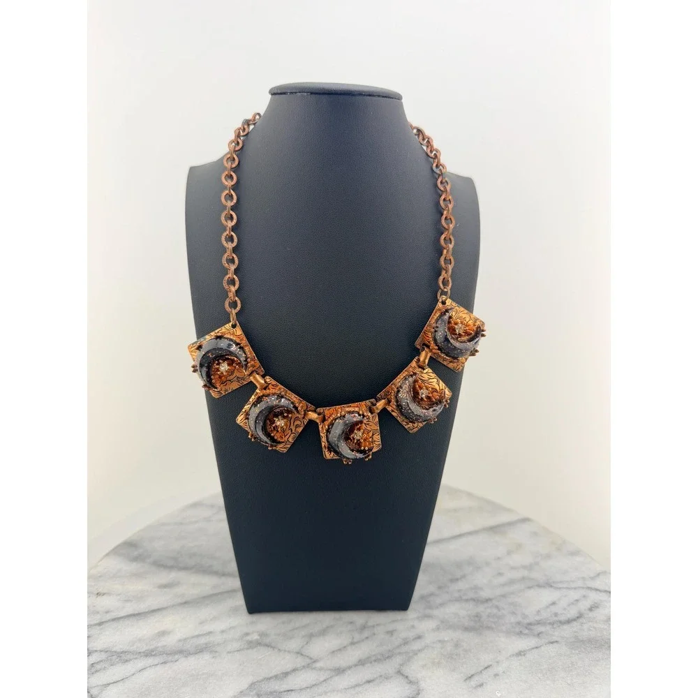 1950s Copper Tone Celestial Bib Necklace Black Confetti Lucite Moons, Whimsigoth - Picture 3 of 15